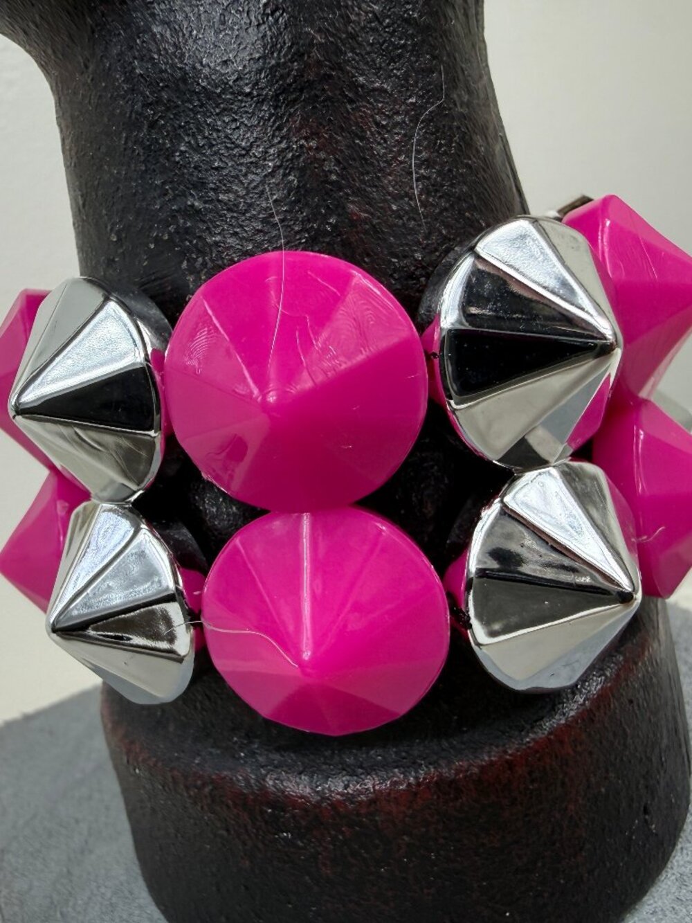 Vintage 90s Pink & Silver Tone Spike Stretch Bracelet Plastic